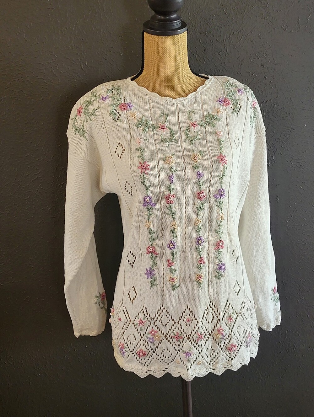 No Brand 80s Cotton Embroidered/Beaded Ivory Pullover Sweater Mediym
